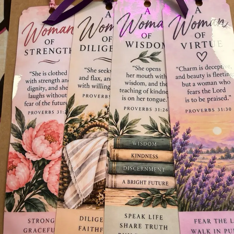 Printed Proverbs 31 Biblical Quotes Bookmarks, 4-Pack Inspirational Art Office Stationery Set Pack for Indexing & Note-Marking