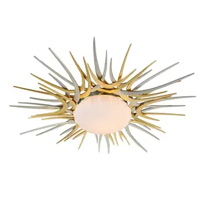 Helios Ceiling Light - Large Opal Glass Dome with Elegant Silver and Gold Leaf Accents