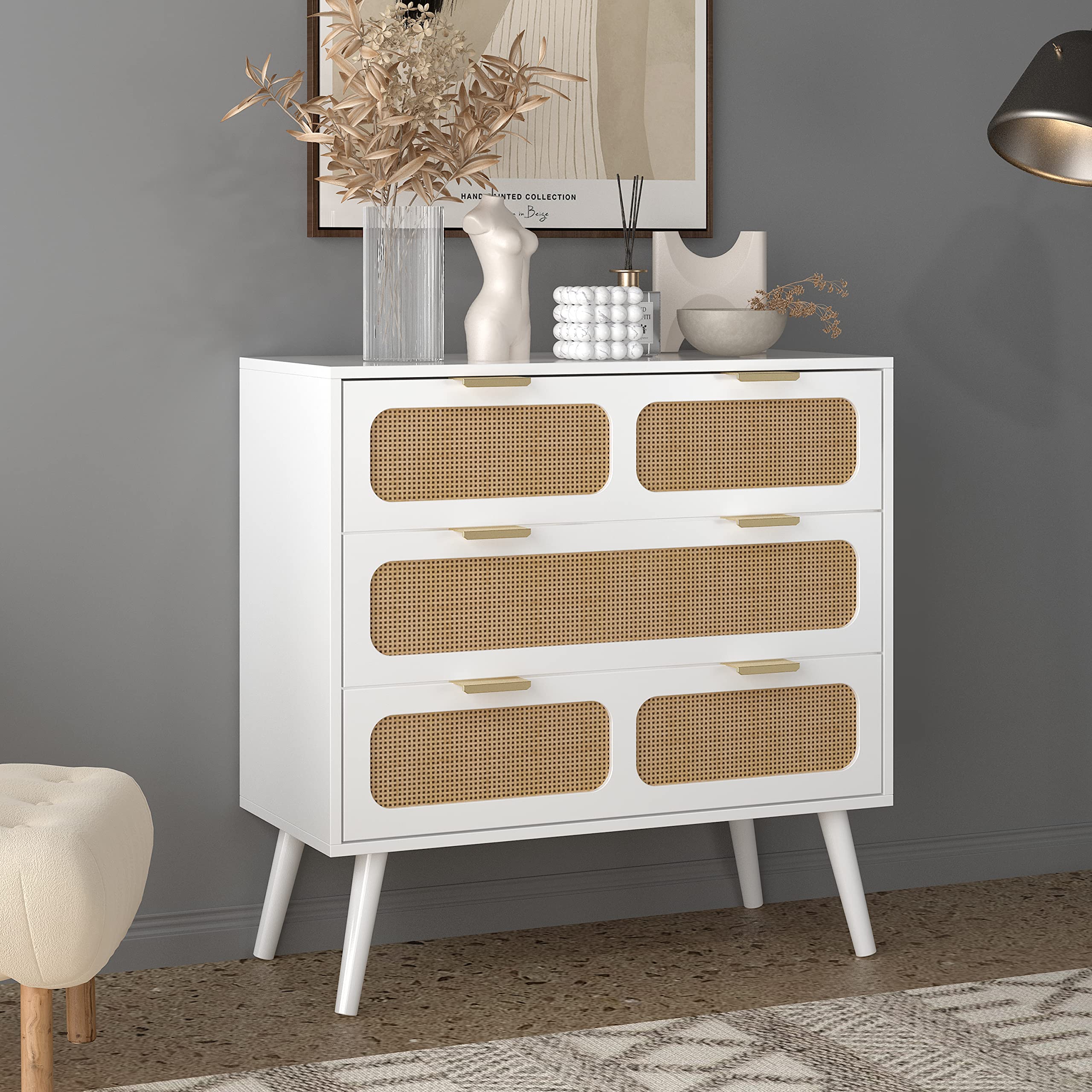 Giratree 3 Drawer Dresser, Modern Rattan Dresser Chest with Wide Drawers and Metal Handles, Farmhouse Wood Storage Chest of Drawers for Bedroom, Living Room, Hallway, Entryway