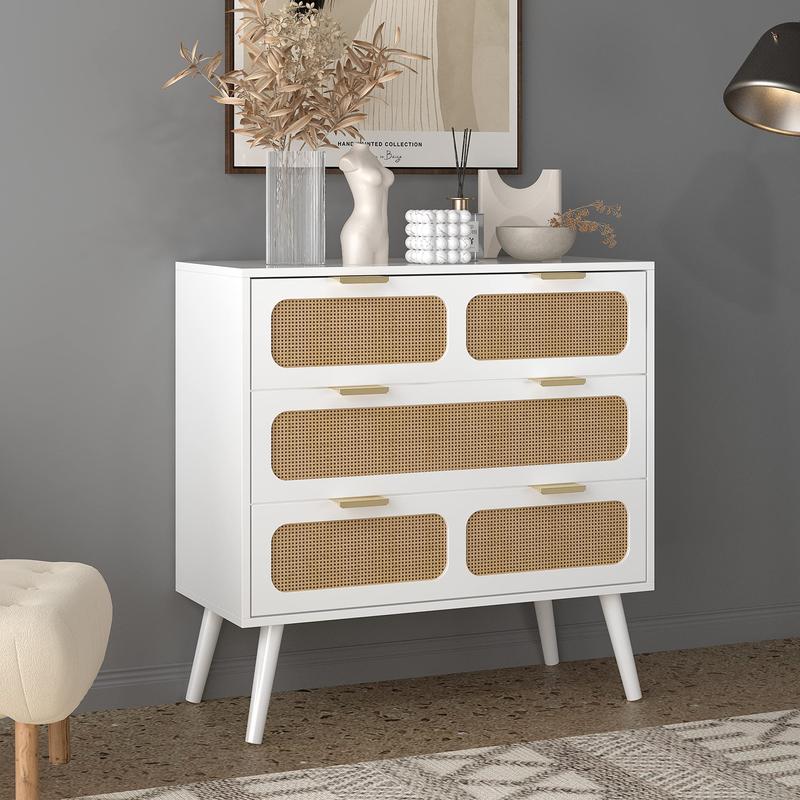 Giratree 3 Drawer Dresser, Modern Rattan Dresser Chest with Wide Drawers and Metal Handles, Farmhouse Wood Storage Chest of Drawers for Bedroom, Living Room, Hallway, Entryway