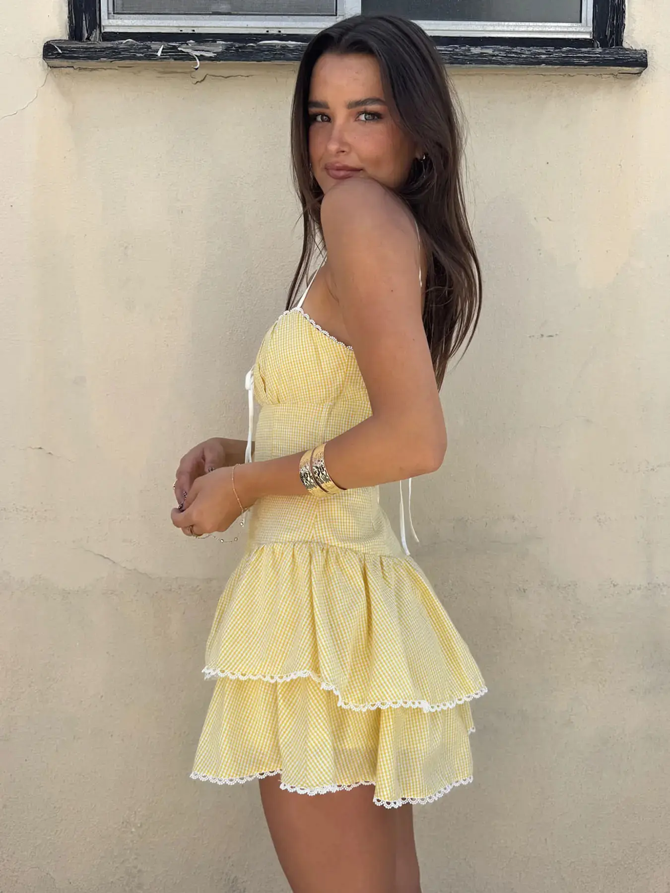 Women's Plaid Lace Splicing Strapless Sleeveless Fitted Dress Y2K Bow Layered Ruffle Frill Ruffle Hem French Elegant Chic Vacation Summer Fashion Spaghetti Strap Womenswear