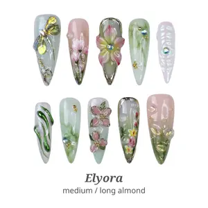Lilynailsart  Elyora Press On Nails – Medium & Long Almond – 3D Floral Green & Gold Chrome Design