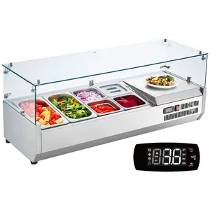 VEVOR Refrigerated Condiment Prep Station, 140 W Countertop Refrigerated Condiment Station, with 3 1/3 Pans 4 1/6 Pans, 304 Stainless Body and PC Lid, Sandwich Prep Table with Glass Guard, ETLVEVOR Super Brand Day