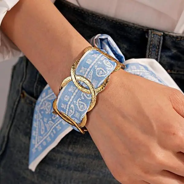DearLuniva B Hair Tie Bracelets for Women, Boho Gold Chain & Blue Paisley Scarf Bracelet, Adjustable Hair Tie Bracelets, Vintage Bohemian Western Bracelets for Festival Vacation Gift