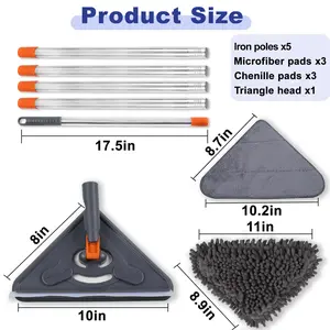 Long Handle Wall Cleaner Adjustable Length Wall Mop 360° Spinning Head Floor Wall Washing Cleaning Tool for Walls Ceiling Fans Floors Baseboards Dust Kitchen General Purpose, 6 Replacement Pads and 1 Silicone Squeegee