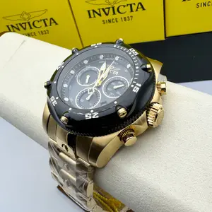 Invicta Men's Pro Diver 51MM Black Dial Gold-Tone Chronograph Stainless Steel Watch, Quartz Movement, Classic Analog Display with Luminous Hands