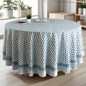 Round Block Print Tablecloth – Apatite Blue