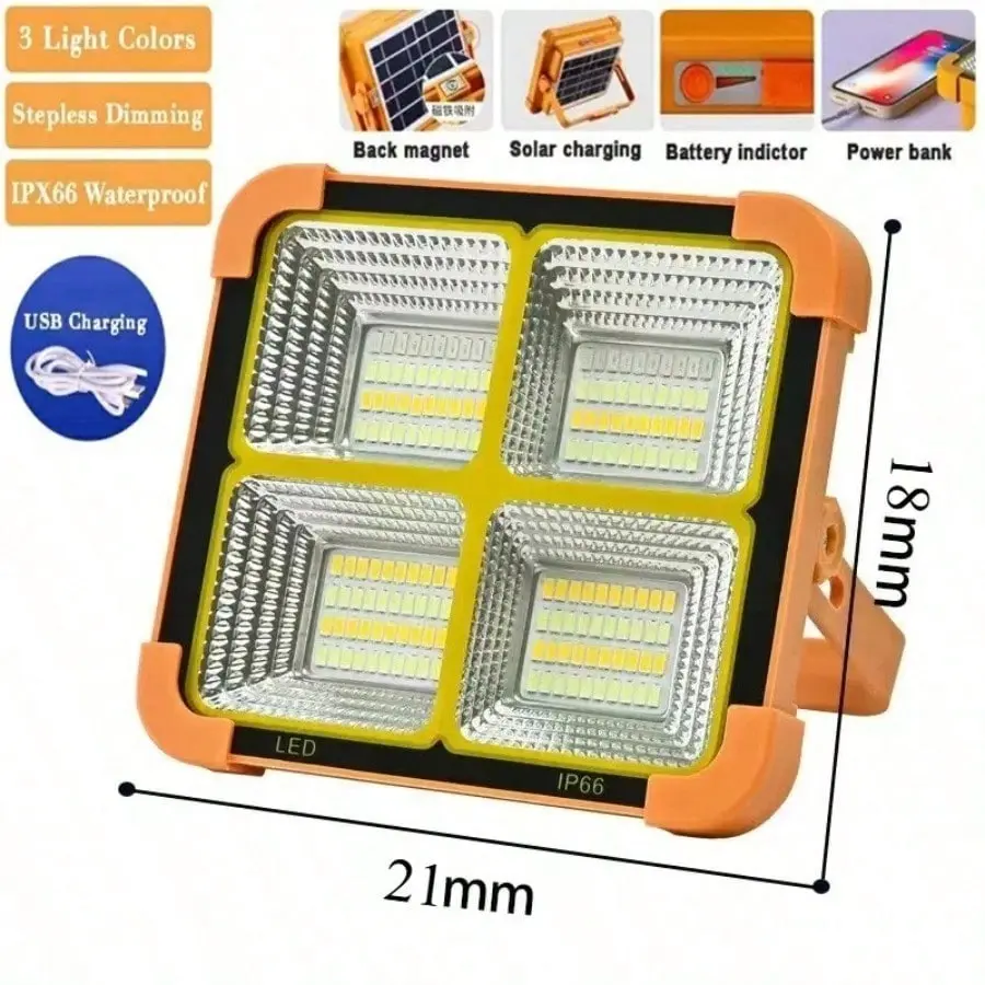 Solar Rechargeable Portable Camping Light with Stand - High Performance USB-Rechargeable Flashlight, Solar Searchlight, Worklight Flashlight, Power Bank with Warm White Light & Magnetic Baseplate for Emergency Use