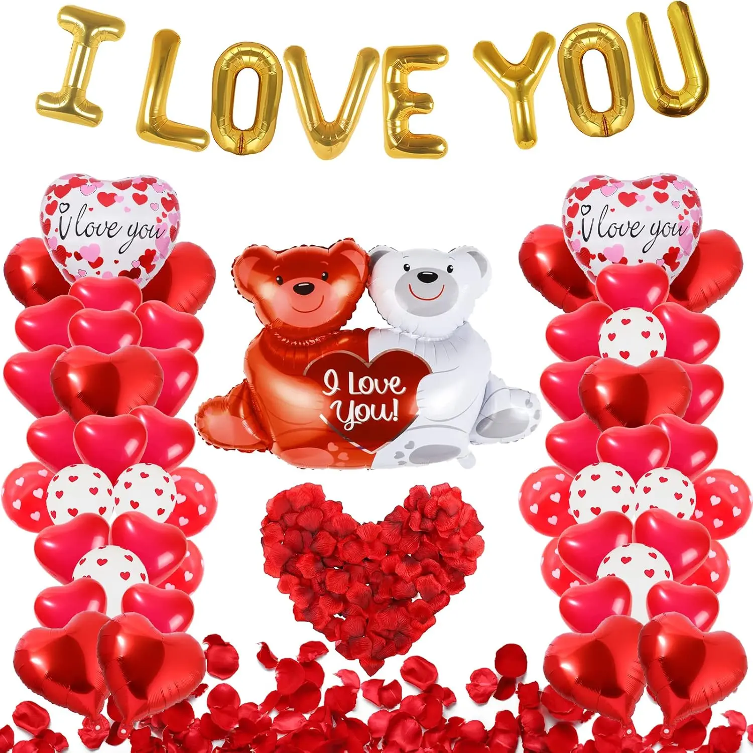 55 Pack Valentine's Day Balloons with 1000 Pcs Silk Rose Petals - I LOVE YOU Balloons, Heart Balloons, Love-Bear Balloon for Anniversary Valentine Day, Romantic Decorations Special Night for Bedroom, Aluminium, Heart Shape