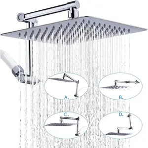 Rain Shower  with 13" Adjustable Extension Arm | High  All Metal Rainfall Showerhead | 10" Luxury Modern Look Square Large Waterfall Showerhead (Chrome)