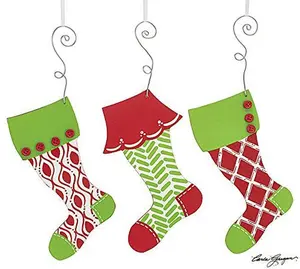 Hand-Painted Wood Christmas Stocking Ornaments Holiday Decor Set
