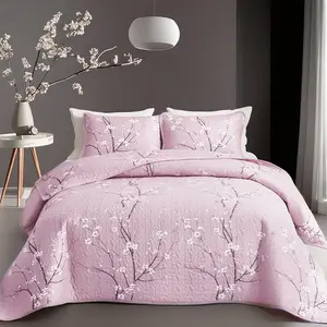 Cherry Blossom Flower Quilt Set Bedding Soft Breathable Ultra Fine Fiber Design Light Blue Gray Plant Pattern Machine Washable Duvet for Bedroom Guest Room Home Decoration