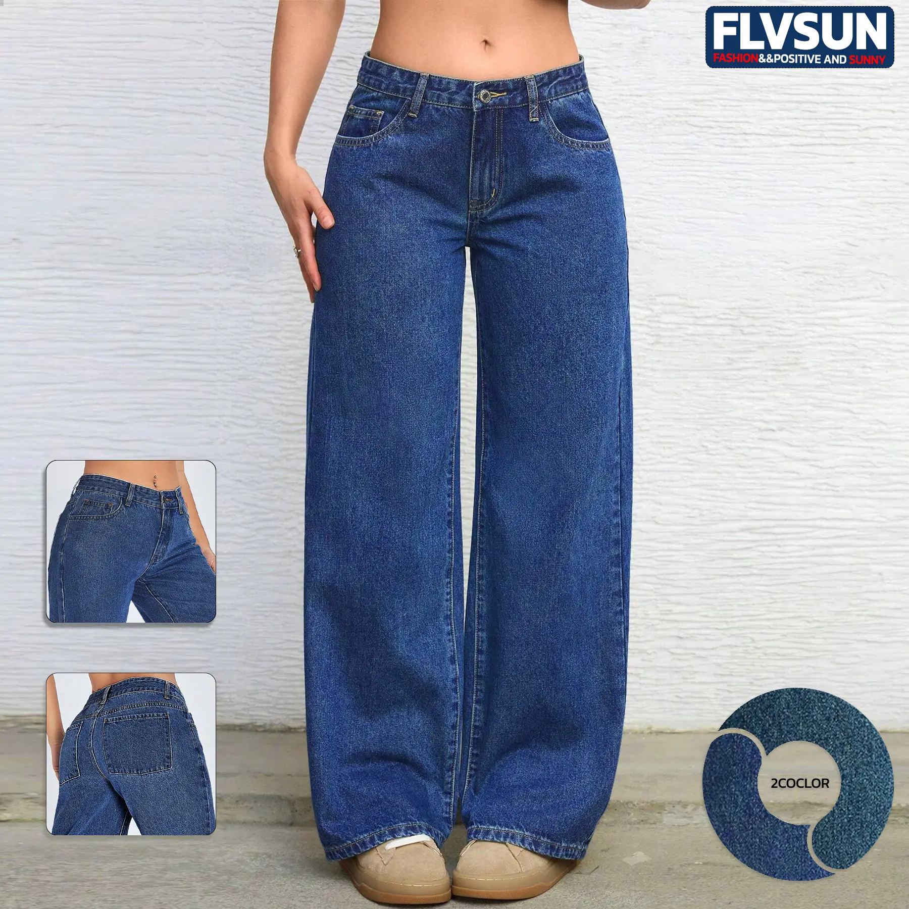 Flvsun Women's 2000s High Waisted Jeans - Oversize Wide Leg Denim Streetwear with Pockets, Jeans For Women, Baggy Jeans
