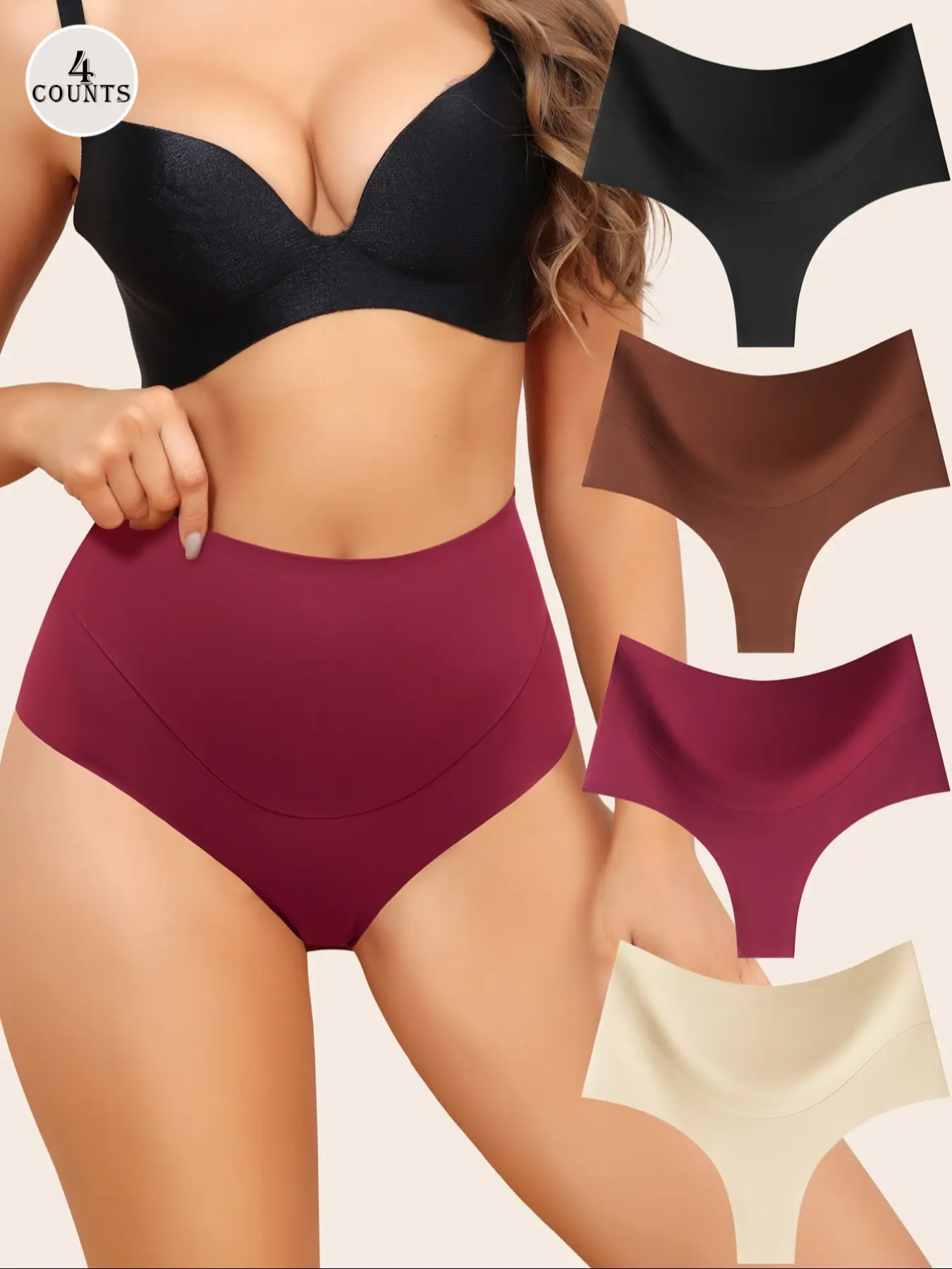 4 Pack High-Waist Thong Shapewear for Women, Tummy Control, Seamless Smooth Fitted Brazilian Girdle Panties, No Show, Postpartum Underwear, All Seasons, Minimalist
