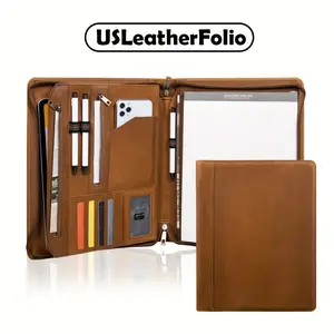 New 100% Genuine Leather Portfolio for Men, Resume Zippered Padfolio, Business Leather Folder Organizer Case with A4/Legal Size Pad Holder, Zippered Folder for Documents, Portfolio Notebook for Wome