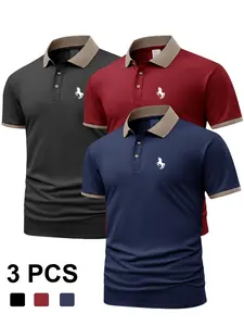 FC863 Men's Polo Shirt Set, Summer Casual Golf Tournament Shirt Polo Short Sleeve Fitted POLOs, Horse Print Breathable Tops, Gift Idea for Him