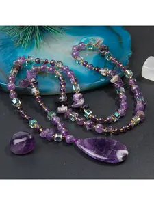 Natural Amethyst Pendant Necklace - Handmade Purple Irregular Pebble Beaded Scarf Chain - Fall/Winter Versatile Necklace (Each pendant has random color and texture)
