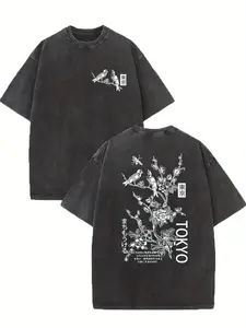 valentine shirts Men'S Vintage Heavyweight Oversized T-Shirt - Tokyo Floral Bird & Japanese Text Back Print, Washed Streetwear Tee, Loose Fit Breathable Summer Shirt, Machine Washable Hip Hop Casual Top, Ideal Gift for Men, Casual Attire, Urban Fashion