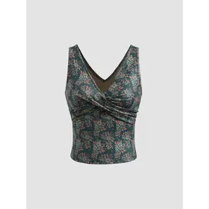Women's Floral Twist Cider Crop Top - V-neck Jersey, 2 Colors, Size 0-10