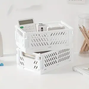 2pcs/set，Mini Folding Storage Basket, Stackable Plastic Storage Basket, Sundries Storage Basket, Japanese Style Desktop Storage Box