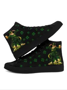 Men's Leprechaun & Four-leaf Clover Print High Top Sneakers, Casual Comfortable Breathable Sports Shoes, Male All-match Round Toe Shoes for Daily Wear, Training
