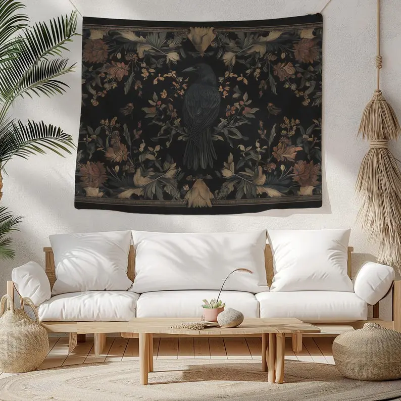 Raven Tapestry, Medieval Blackbird Wall Hanging, Castle Decor Tapestries, High Fantasy Wall Art, Crow, Cottagecore Wildflowers, Wall Decor