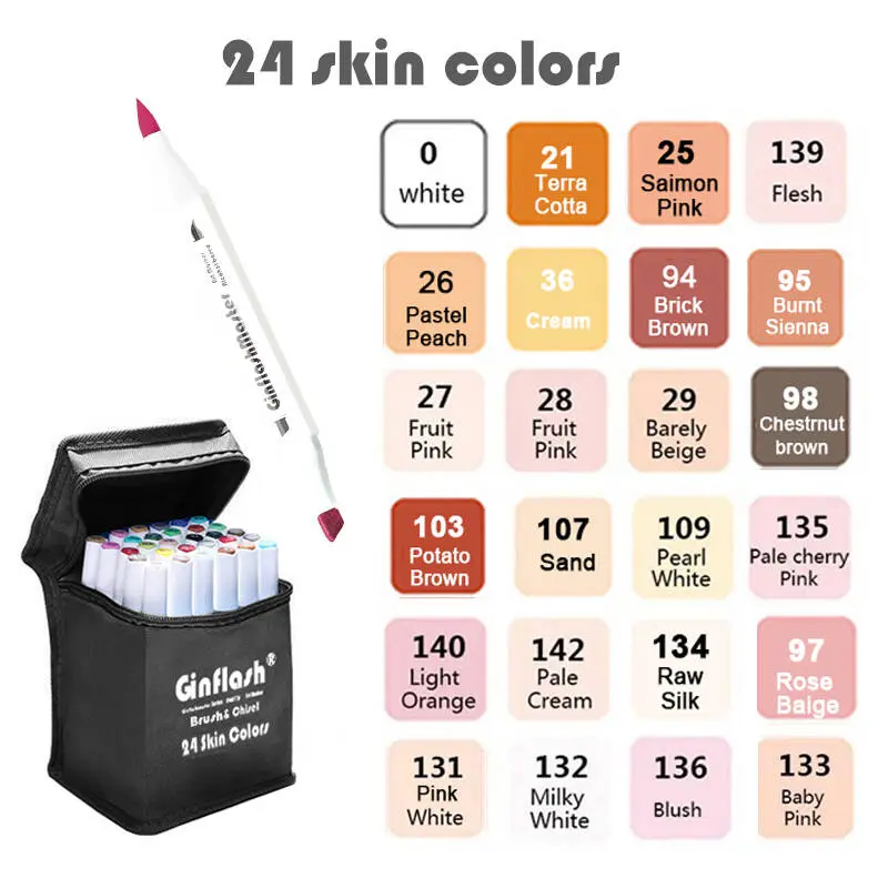 Ginflash 24-Color Dual-Tipped Alcohol Base Art Markers Set, Brush & Chisel Tip Skin Tone Double Ended Pens, Manga Drawing Office Art Supplies Kit