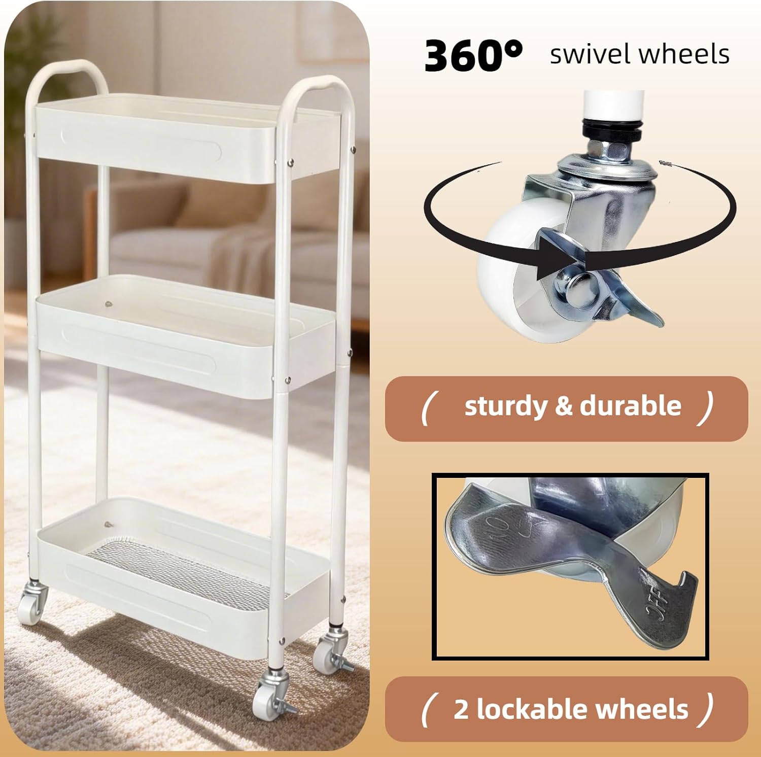 3 Tier Narrow Rolling Storage Cart for Laundry Room Bathroom Kitchen, 7.1'' Slim Utility Cart with Wheels and Lockable Casters Standing Shelf for Small Space & Between Washer and Dryer