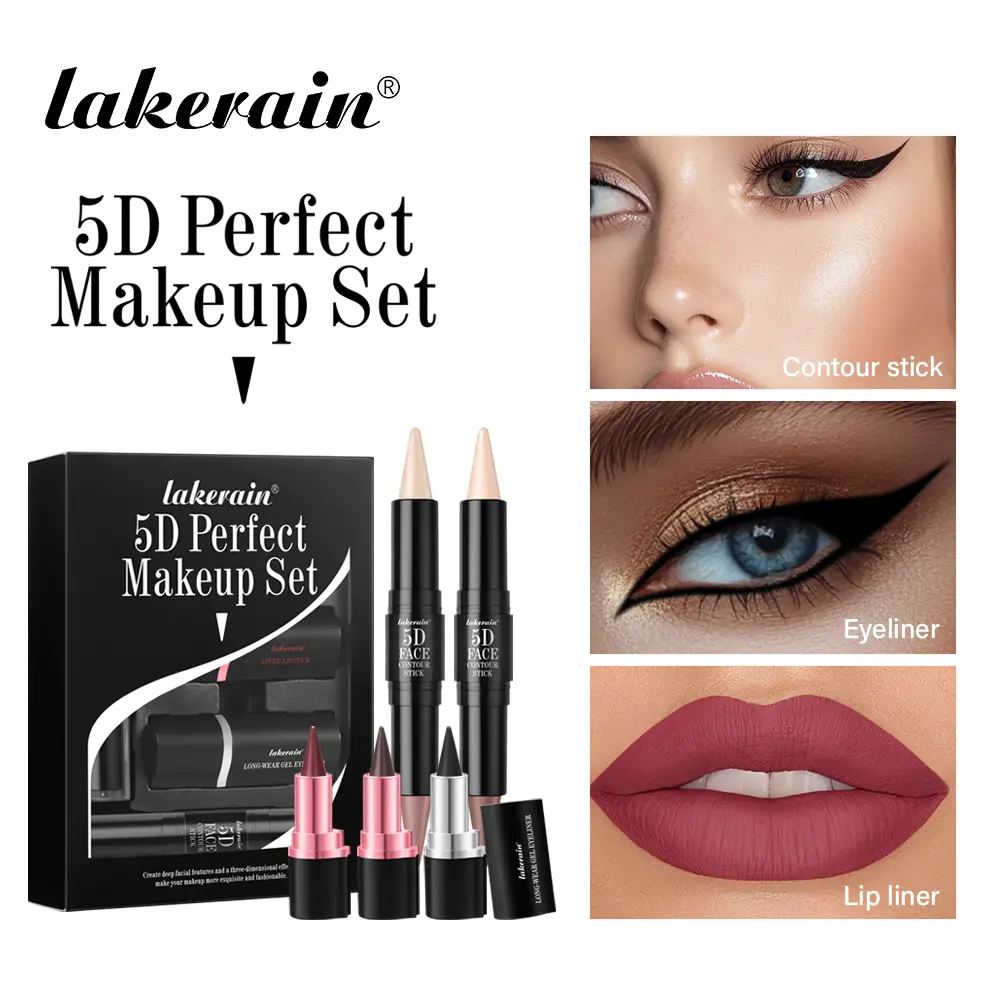 Sharp Tip Makeup 5 Piece Set - Waterproof Gel Eyeliner Pen + 2-in-1 Lip Liner & Lipstick + 5D Dual-Ended Contour Stick, Velvet Matte Finish, All-in-One for Eyes/Lips/Face Contour, Easy to Create 3D Makeup Look, Beginner-Friendly Cosmetics