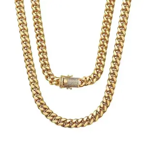 8 Karat Vacuum-Gold Plated Miami Cuban Link Necklaces/Bracelets, 5A+ Canada Zircon Hip Hop Chain Link Jewelry, Unisex Fit, Casual Daily Wear, Ideal Valentine/Birthday Gift for Partners, Includes Monaco Mexico Micro Promise Chains, Chain Link