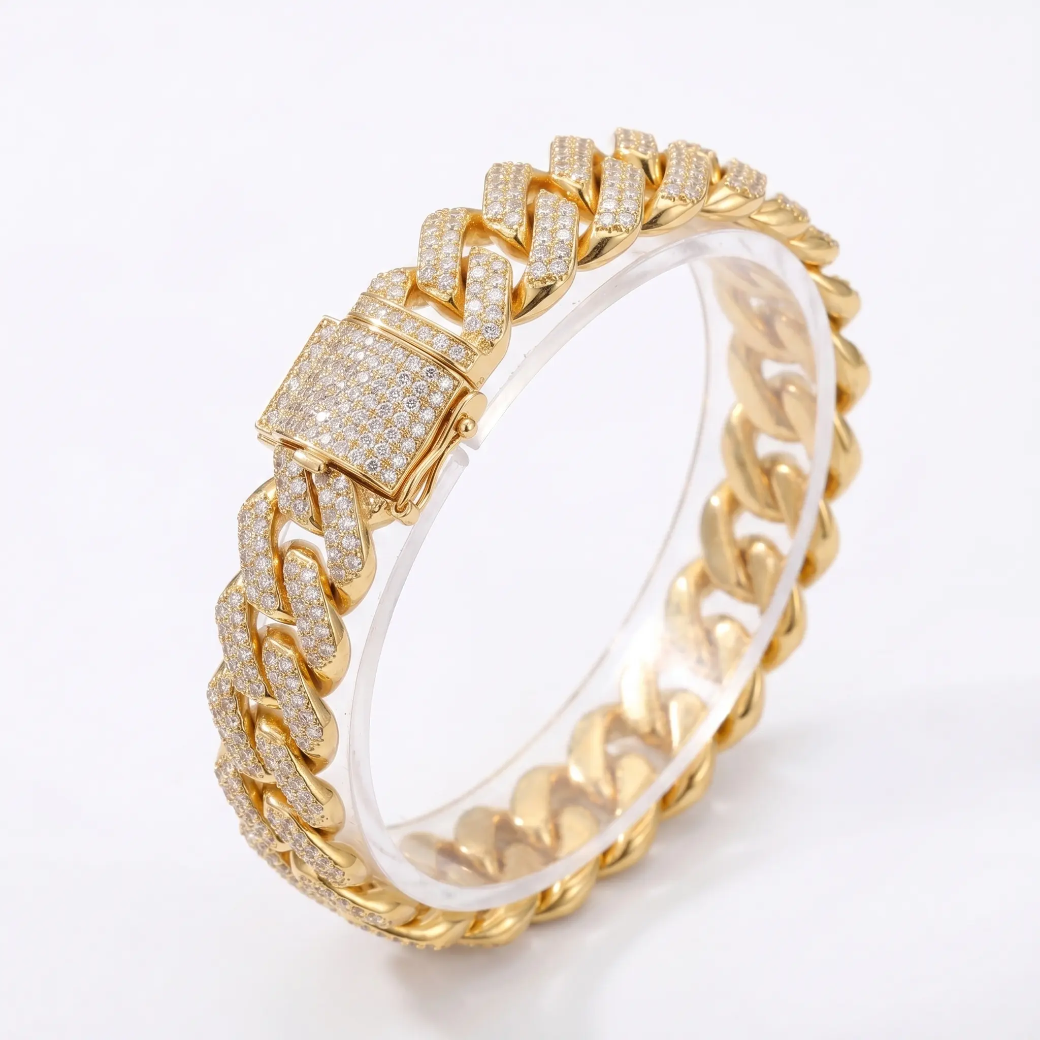 Hand Star Unisex Iced Out Cuban Link Bracelet 18K Gold-Plated Titanium Steel Waterproof No-Fade Hypoallergenic Sparkling Zircon Crystals Secure Clasp Design