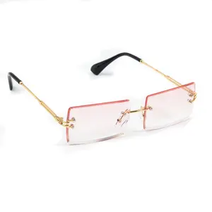 Rimless Rose Gold Frame Shades Buff Rectangular Pink Tinted Fashion Sunglasses