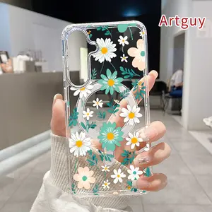 Floral Whimsy Dream Pattern Magnetic Phone Case for  Samsung Galaxy S26 Edge S23 Ultra S24 Plus FE S25 S22+ Non-Yellowing Clear Crystal Drop-proof Slim Silicone Shockproof Transparent Acrylic Large Hole Cover Supports Wireless Charging