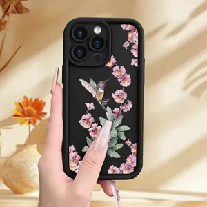 Black High Bamboo Phone Case with Pink Flowers And Bird Patterns, Phone Case for 17 Pro Max 16 16e 15 14 Plus 13 12 Mini 11 Air