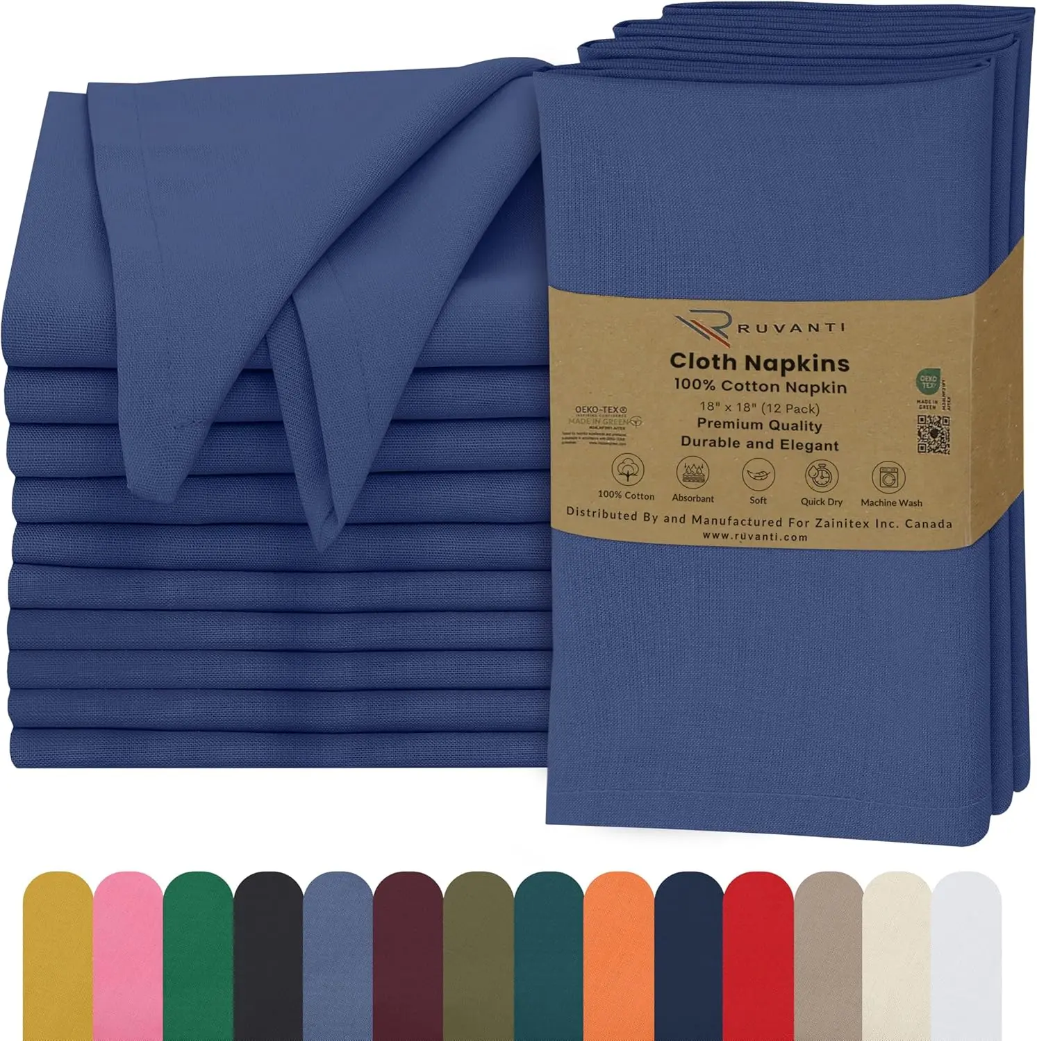 Ruvanti Cloth Napkins Set of 12, 18x18 Inches, 100% Cotton, Washable, Soft & Absorbent, Perfect for Wedding, Christmas