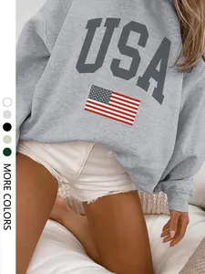 Women's USA Flag Print Fitted Pullover Sweatshirt, Casual Style Long Sleeve Crew Neck Sweatshirt for Fall & Winter, Fashion Ladies' Top for Daily Wear, Hoodie