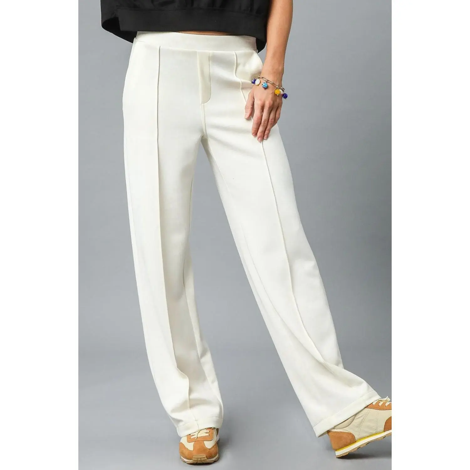 Umgee High Waisted Wide Leg Pants - Cream Linen Blend, Minimalist OL Style, Pocketed, Machine Washable, All Seasons Essential Bottoms