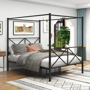 Queen Canopy Bed Frame, Metal Queen size Platform Bed Frame with X Shaped Headboard & Footboard, No Box Spring Needed, Queen, Black