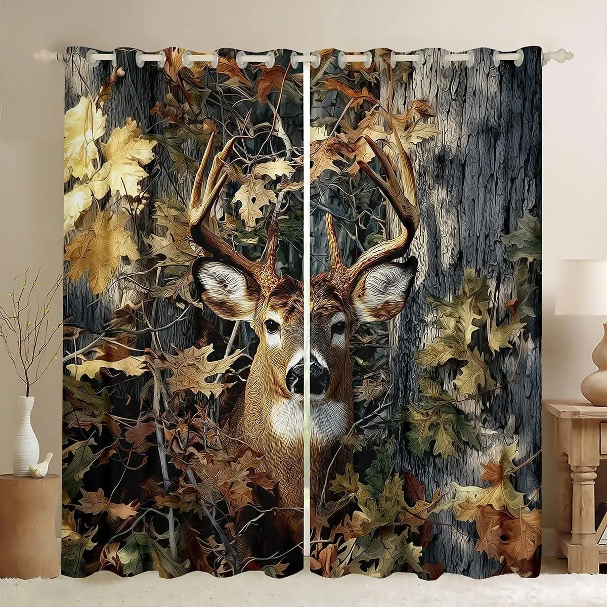 Camo Deer Blackout Curtains Woodland Deer Hunting Window Curtains Farmhouse Animal Rustic Window Treatments Drapes for Bedroom/Living Room Western Camouflage Camo Decor for Men Boys Adults