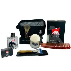 G.B.S Men’s Deluxe Travel Doppler Grooming Beard and Wet Shaving Set – Handsome Classic – 22mm Knot Badger Shaving Brush (4” Tall), Faux Horn Handle, 5 Blade Razor - Case, Tortoise Comb Stainless Steel