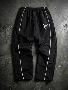 Men's Bull Print Trendy Athletic Pants with Lines, Gym Workout Running Trousers with Side Pockets, Sporty Quick Dry Breathable Sweatpants, Drawstring Elastic Waist, Adjustable Cuffs, Standard Sweatpants