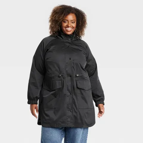 Ava & Viv Women's Basic Regular Fit Below-Waist Recycled Polyester Water-Repellent Rain Coat - Casual Adjustable Full-Zipper Garment, Durable Coats, Rolled Cuff, Pockets, Plus Sizes Tops for Women Rain Jackets