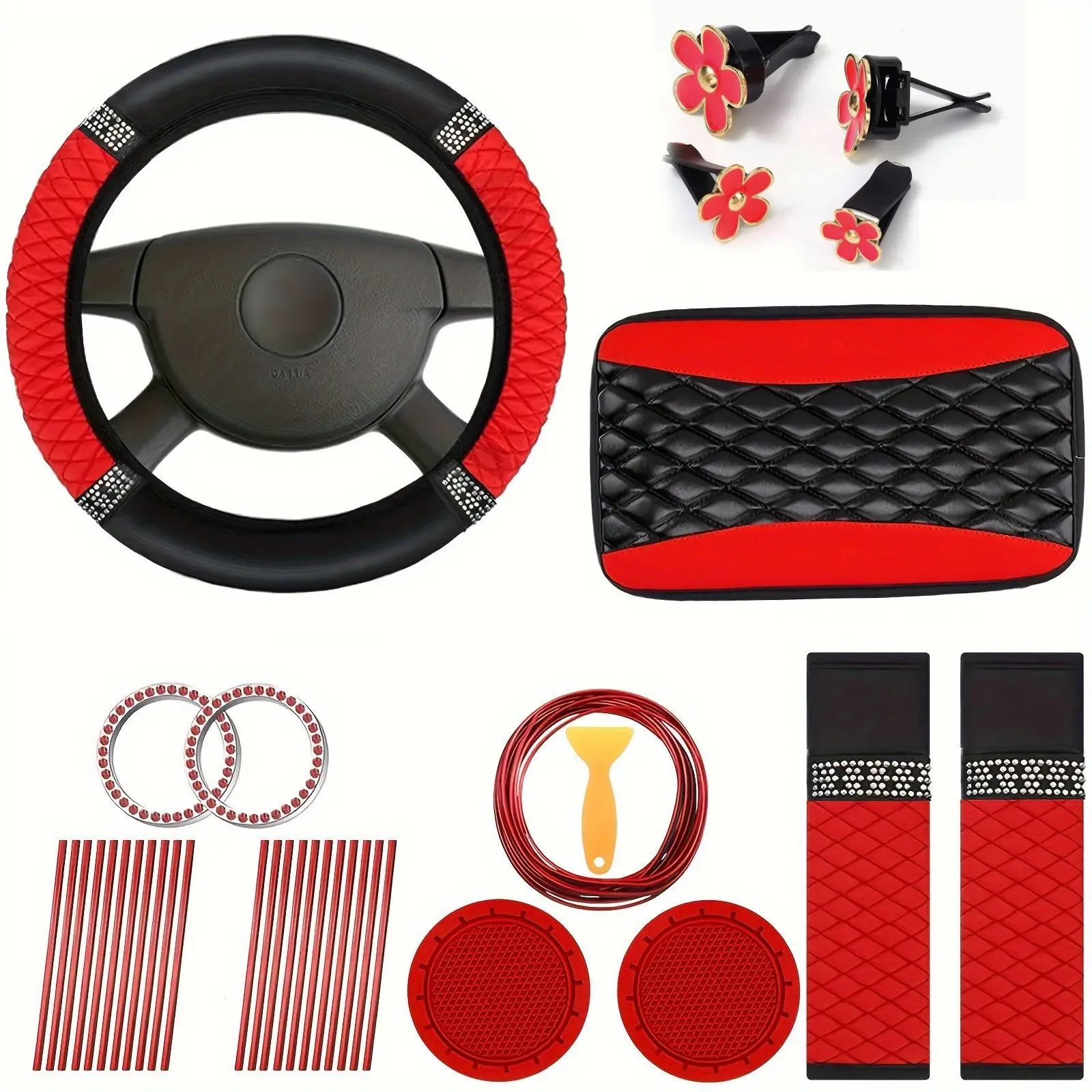 34-Piece Car Interior Kit, Anti-Slip Arm Pressure Relief, Includes Steering Wheel Cover, Seat Belt Shoulder Pad, Console Mat, Fashionable Car Accessories, Car Interior Accessory, Car Interior Set, Interior Accessories For Car