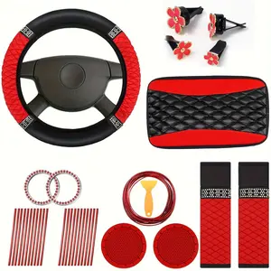 34-Piece Car Interior Kit, Anti-Slip Arm Pressure Relief, Includes Steering Wheel Cover, Seat Belt Shoulder Pad, Console Mat, Fashionable Car Accessories