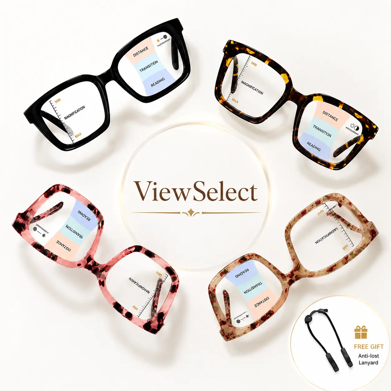 ViewSelect Photochromic Multifocal Reading Glasses for Men & Women, Blue Light Blocking Progressive Readers with Anti-Lost Lanyard