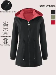 Women's Casual Long Sleeve Windbreaker Jacket, Reversible Design, Adjustable Waist Cord, Slim Fit, Spring & Fall Outerwear