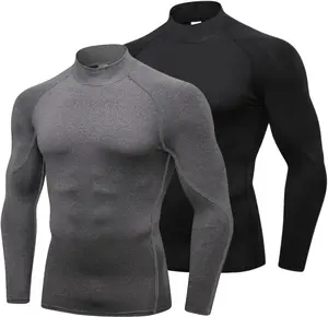 2 Pack Men's Compression Shirts Long Sleeve Dry Fit Workout Undershirt Athletic Mock Turtleneck Top Running Baselayer