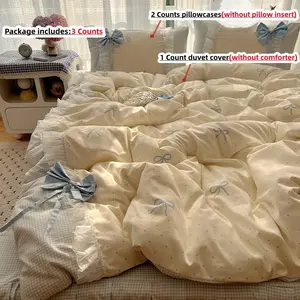 3pcs Korean style bow decoration bedding includes duvet cover and pillowcase (excluding core), duvet cover with zipper for easy disassembly and washing, comfortable and breathable fabric suitable for all seasons, Soft Bedding Sets
