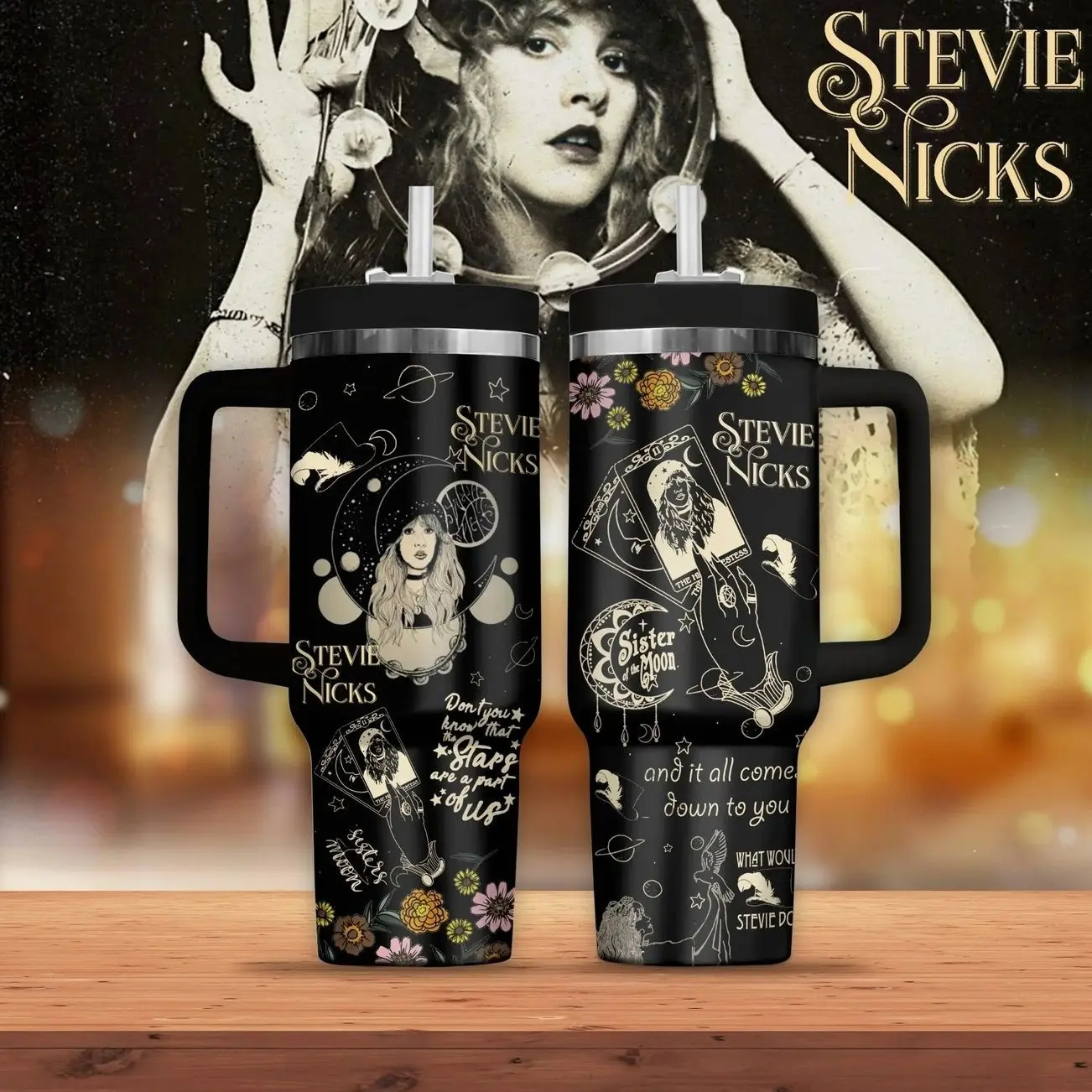 S.Nicks Tumbler with Handle & Straw, Sister of the Moon Cup, Fleetwood Mac Inspired Gift, Witchy Aesthetic Travel Mug, Tour Fan Merch
