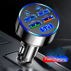 6-In-1 Fast Charging Car Charger, Multi-Functional USB Port, Voltage Display, Portable Electronic Smartphone Charger for Car Socket, Vehicle Adapter